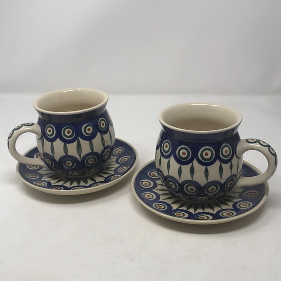 Boleslawiec Other - 2 Polish Pottery Peacock Leaves Tea Cups & Saucers